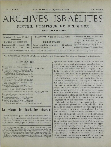 Archives israélites de France. Vol.59 N°35 (01 sept. 1898)